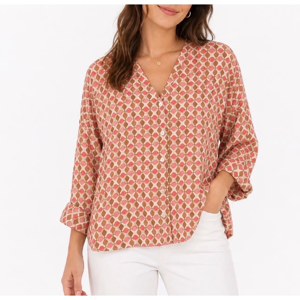 J.McLaughlin Pink Brown Geometric Catalina Cloth V-Neck Button Down Blouse M